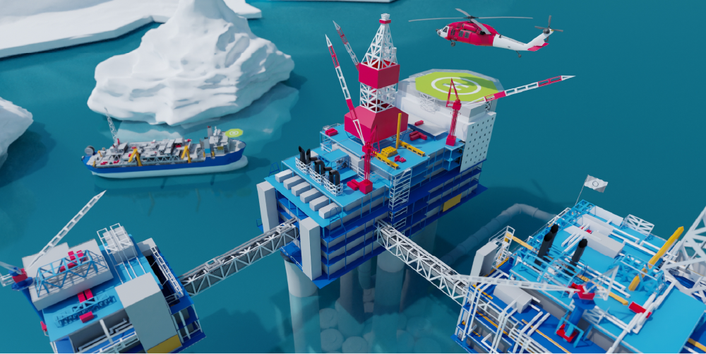 Vignette de l'environnement 3D (une plateforme pétrolière en mer avec un iceberg, un bateau et un hélicoptère) pour Total.